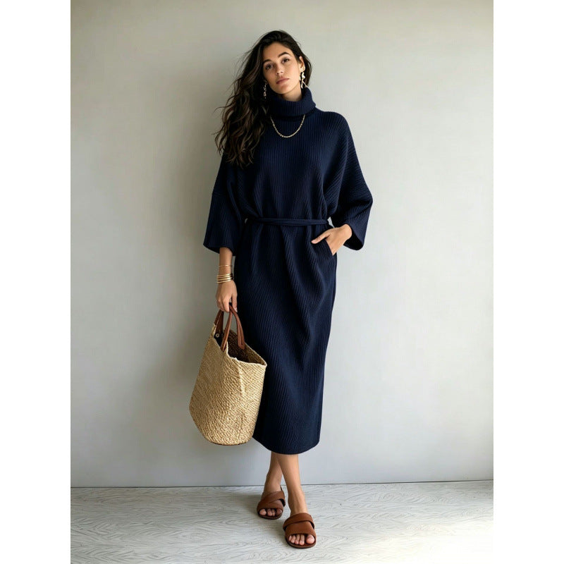 Damen Midikleid aus Rippstrick mit Rollkragen, Bindegürtel und Eingrifftaschen Shop Nory