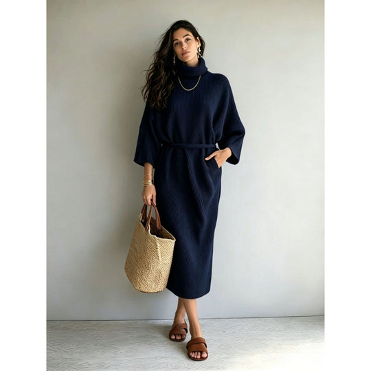 Damen Midikleid aus Rippstrick mit Rollkragen, Bindegürtel und Eingrifftaschen Shop Nory