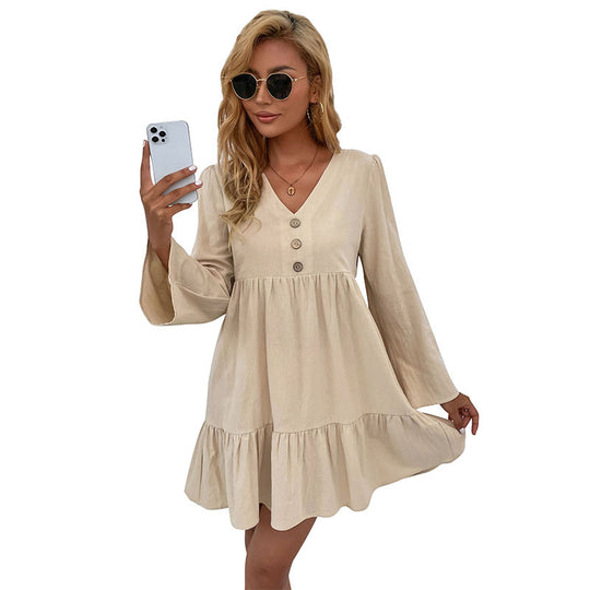 Damen V-Ausschnitt Stufenkleid mit Glockenärmeln und Knopfdetail Shop Nory