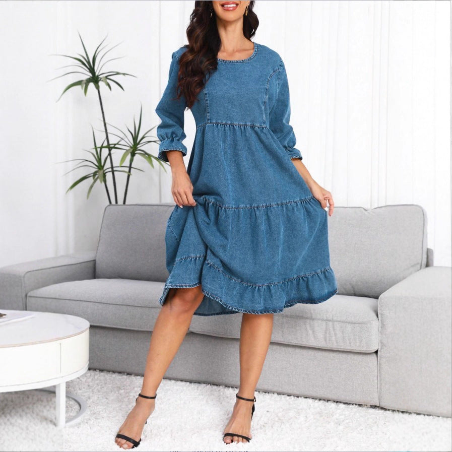 Damen Stufenvolant-Denim-Midikleid mit halblangen Ärmeln und geraffter Empire-Taille Shop Nory