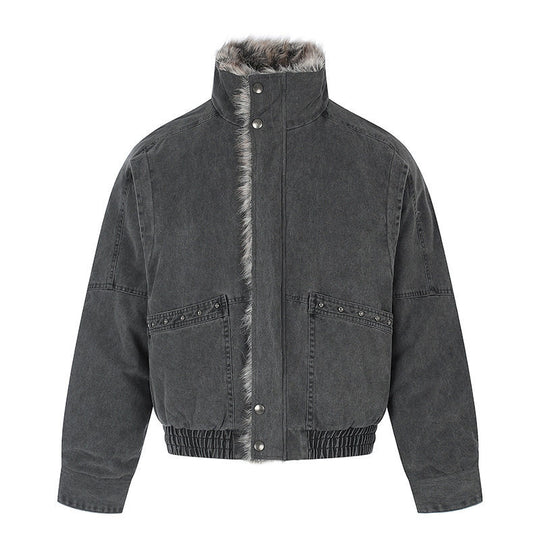 Damen kurze Bomberjacke mit Kunstfellfütterung, Stehkragen und elastischem Bund Shop Nory