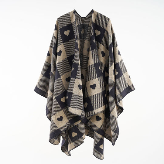 Damen Capeponcho aus Jacquardstrick mit Herz-Allover und offener Front Shop Nory