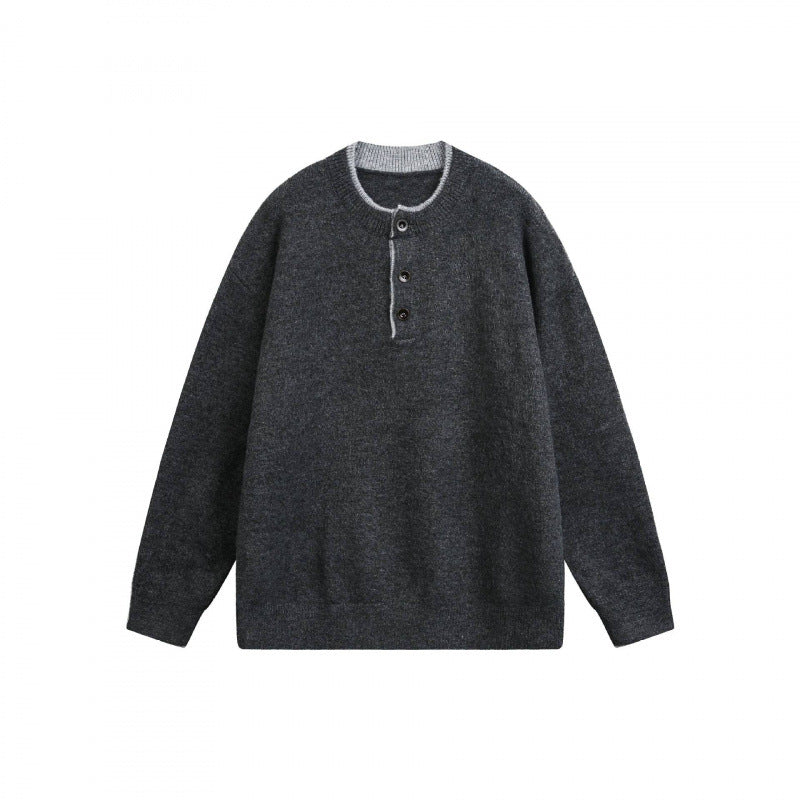 Unisex Grobgestrickter Henley-Pullover mit halber Knopfleiste und geripptem Ausschnitt Shop Nory