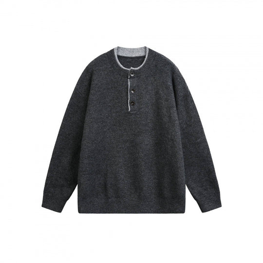 Unisex Grobgestrickter Henley-Pullover mit halber Knopfleiste und geripptem Ausschnitt Shop Nory