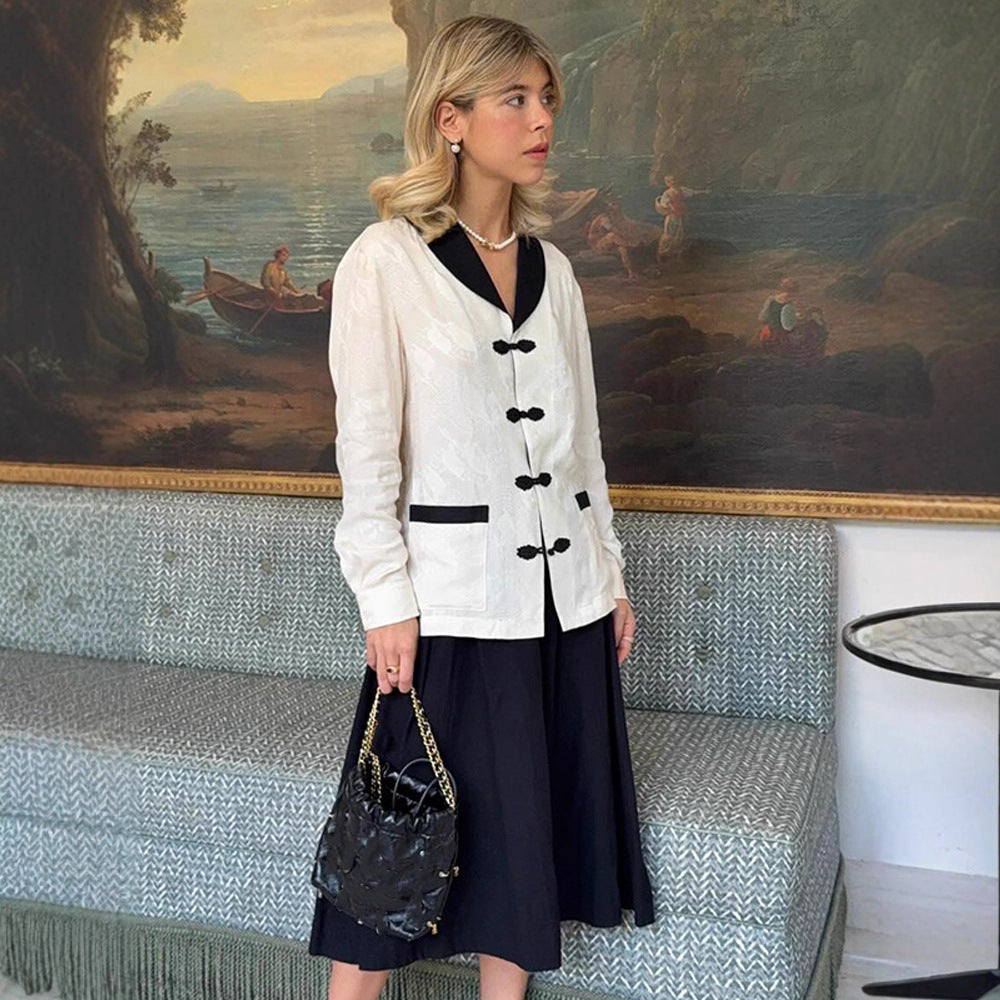 Damen Taillierte Jacquard-Jacke mit Kontrastkragen und Knotenverschlüssen Shop Nory
