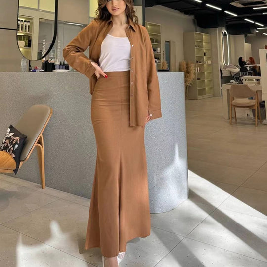 Damen Zweiteiliges Set Schlauchmaxirock mit ausgestelltem Saum und Oversize-Hemd Shop Nory