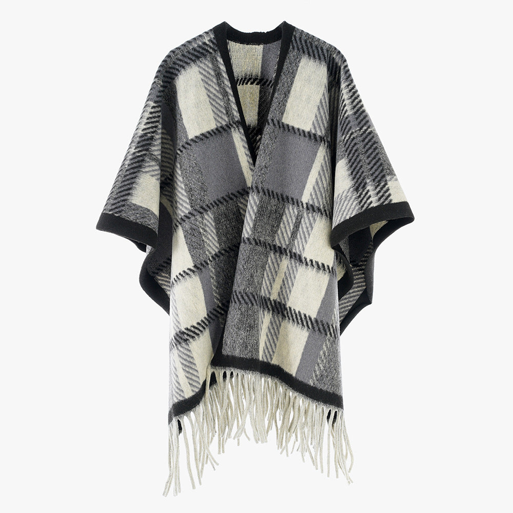 Damen Oversize-Wollmix-Poncho mit Karomuster und Fransensaum Shop Nory