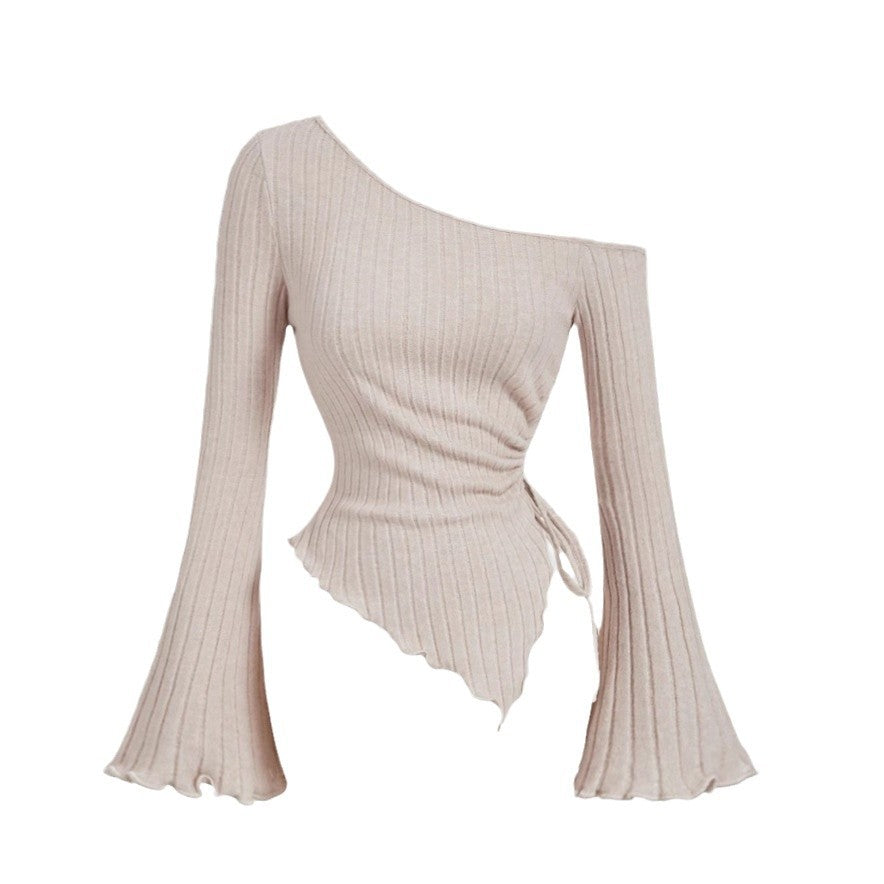 Damen Schulterfreies Rippstrick-Top mit asymmetrischem Saum, Glockenärmeln und Taillen-Schnürung Shop Nory