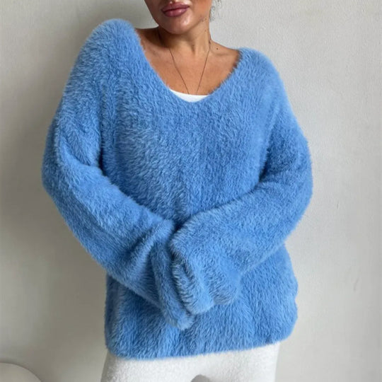 Damen Oversize-Flauschpullover mit V-Ausschnitt und Teddy-Optik Shop Nory