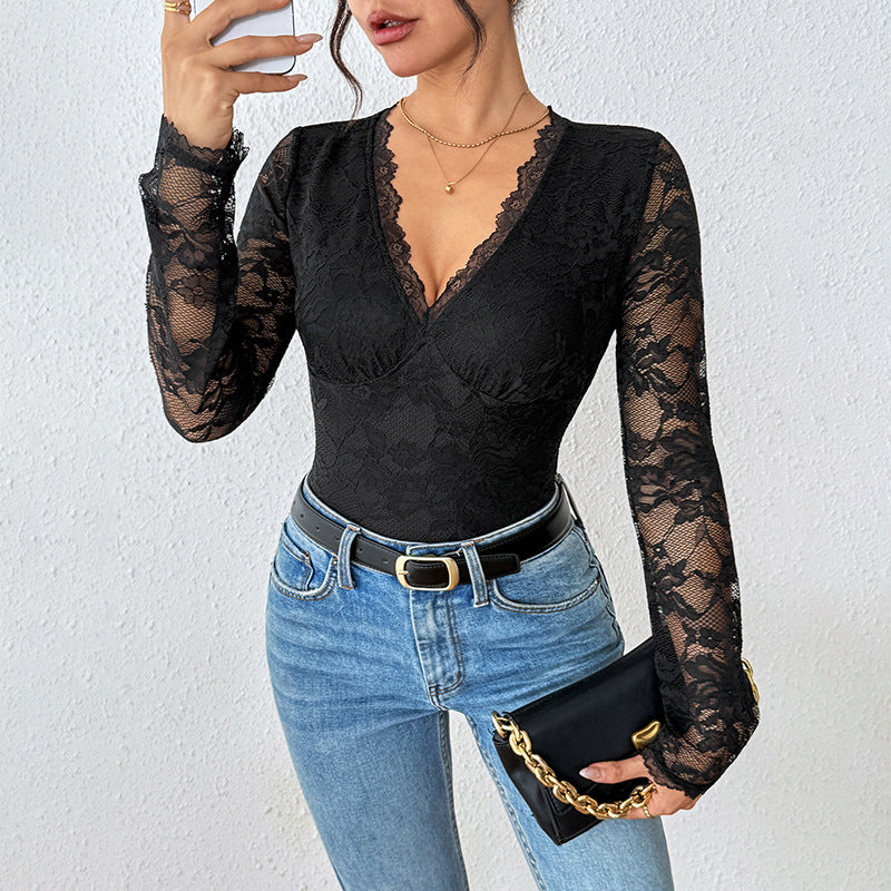 Damen Eleganter Spitzen-Body mit Korsett-Teilung und langen Transparentärmeln Shop Nory