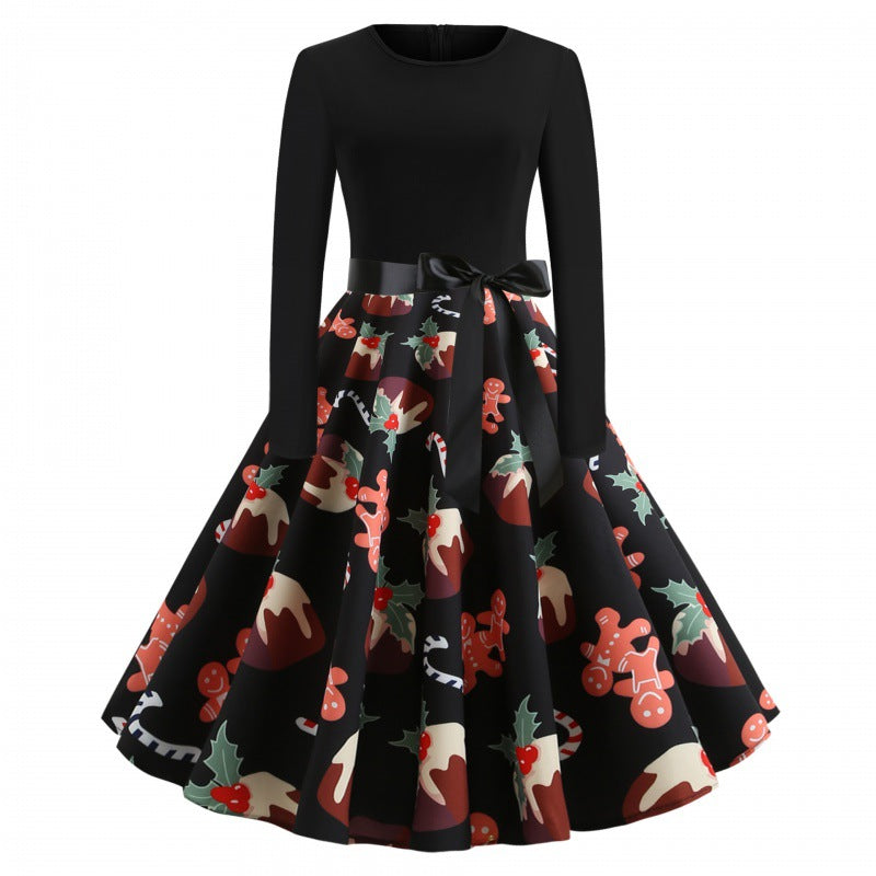 Damen Festliches Tellerkleid im Retro Stil mit langen Ärmeln tailliertem Oberteil und Satin‑Taillenschleife Shop Nory