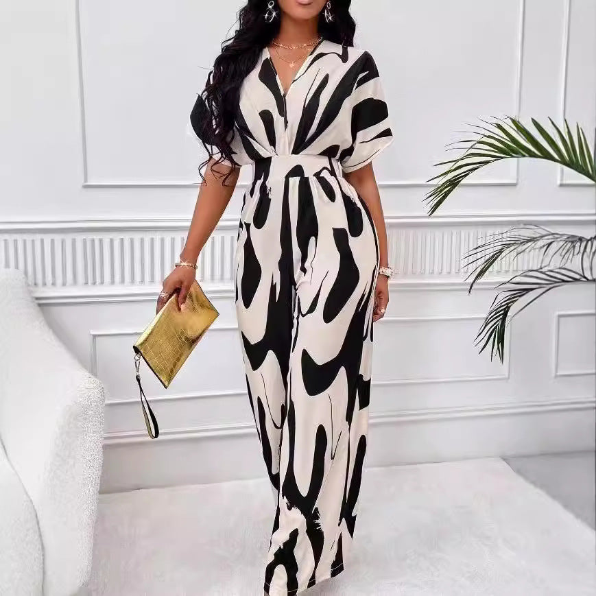 Damen Eleganter Jumpsuit mit großflächigem Muster und V-Ausschnitt