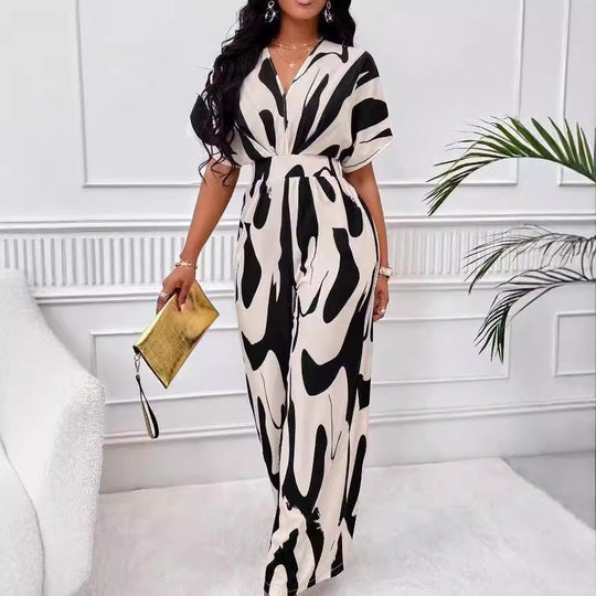 Damen Eleganter Jumpsuit mit großflächigem Muster und V-Ausschnitt