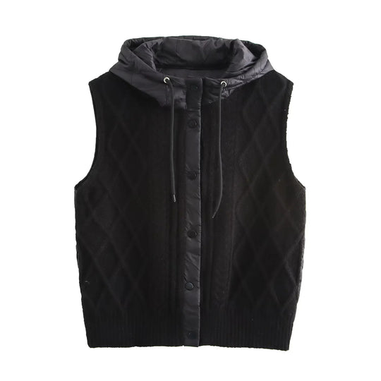 Damen Strickweste mit wattierter Kapuze, Stehkragen und Zopfmuster Shop Nory