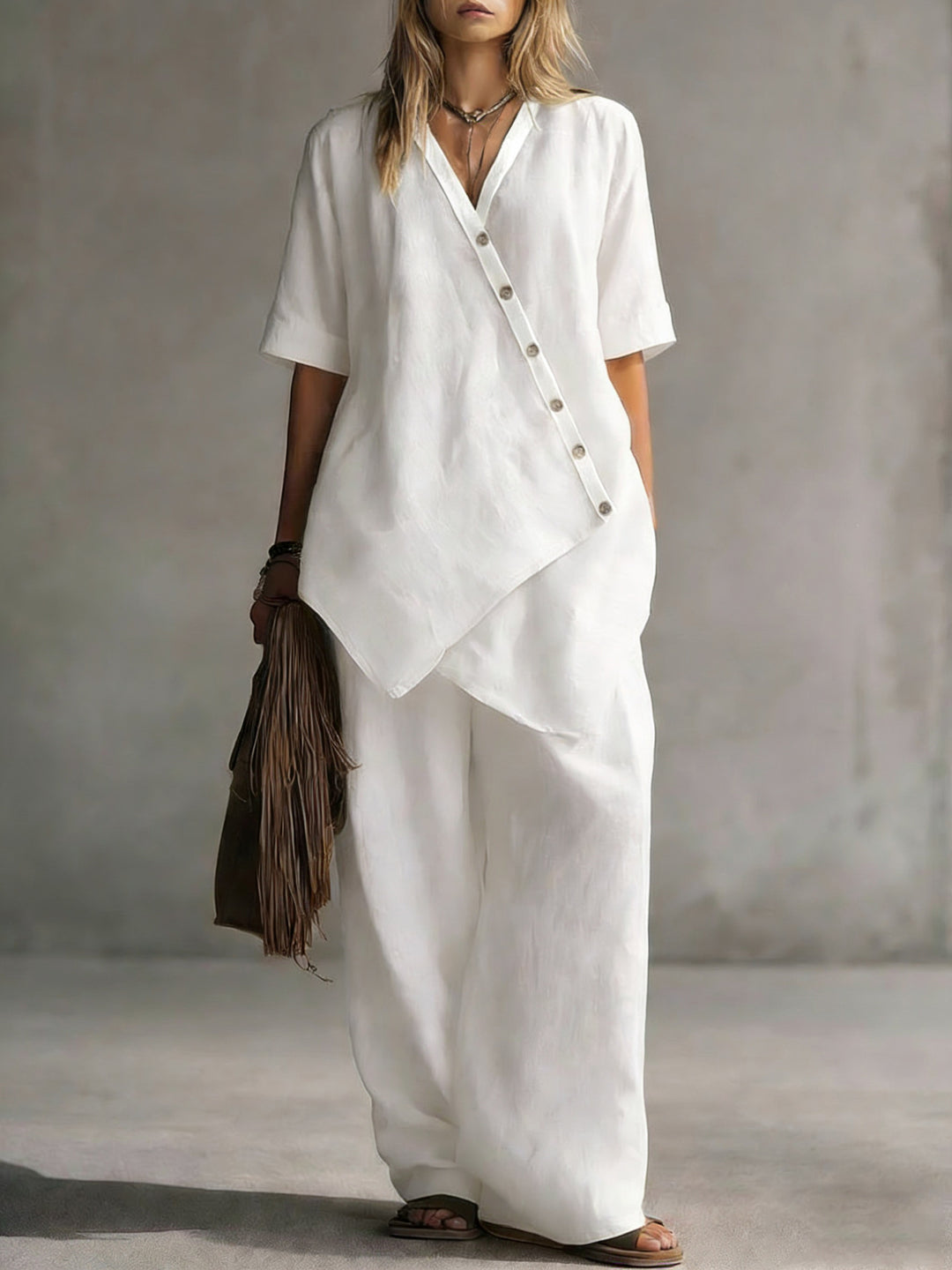 Damen Leinen-Zweiteiler mit asymmetrischer Knopfleiste und weiter Palazzo-Hose Shop Nory