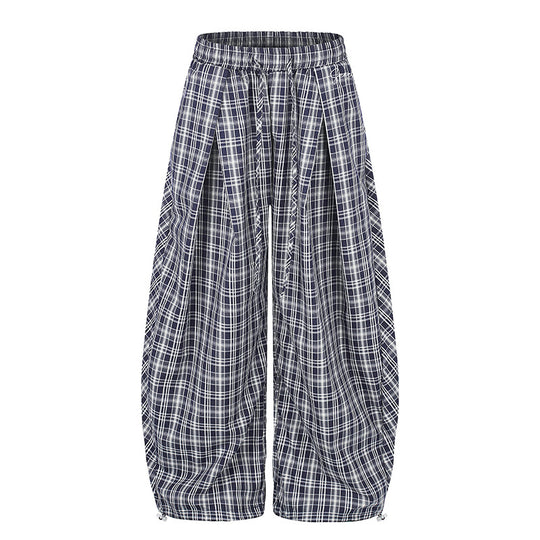 Damen Weite Harem-Ballonhose mit elastischem Bund, Kordelzug und Karomuster Shop Nory