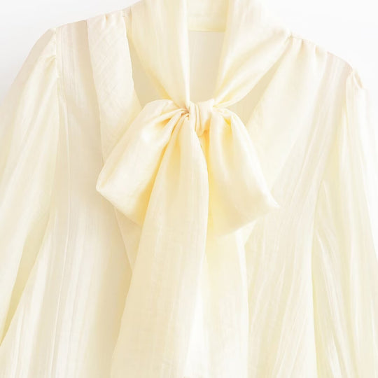 Damen Elegante Chiffonbluse mit Schleifenkragen, Plissee-Detail und Ballonärmeln Shop Nory