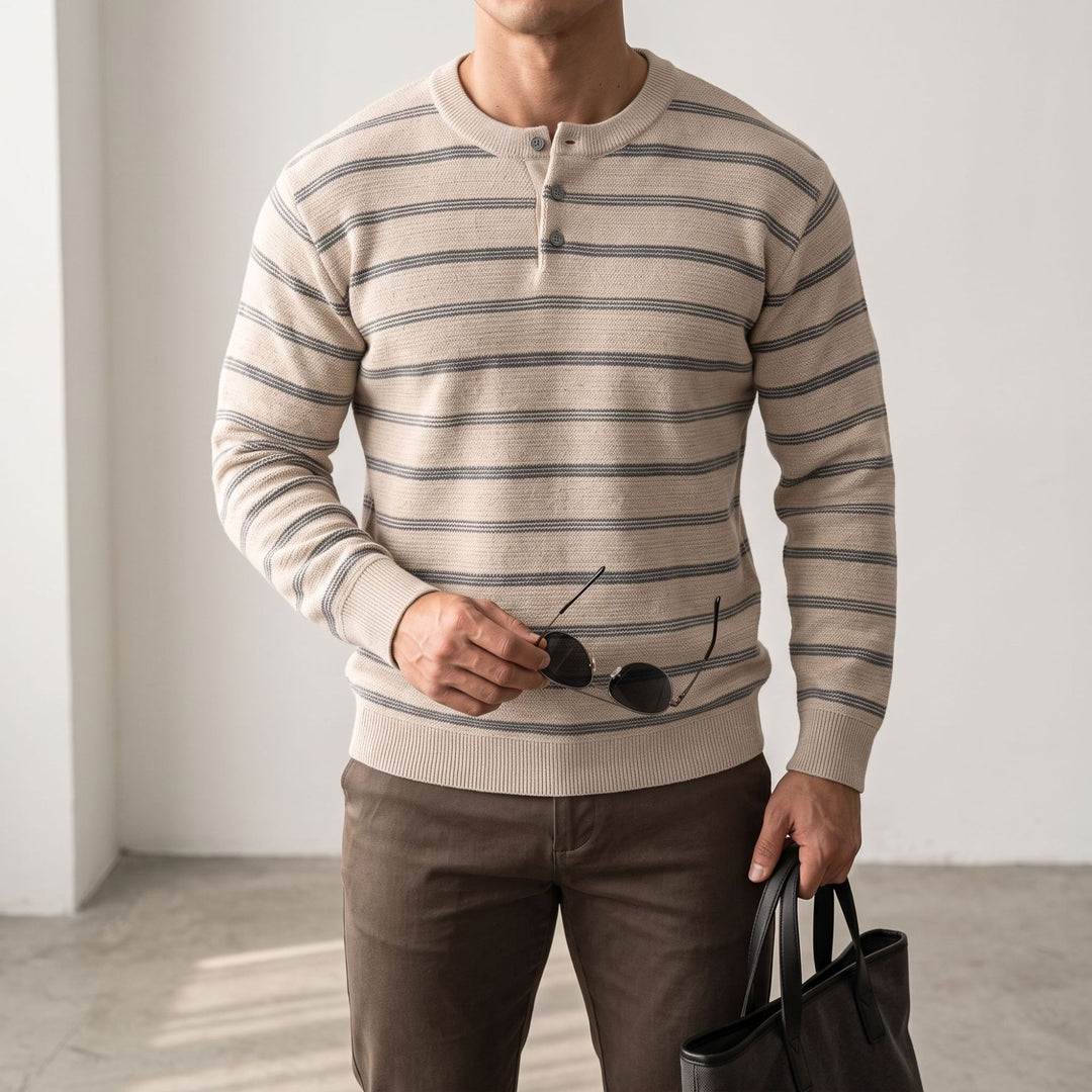 Herren Henley‑Strickpullover mit feiner Struktur und horizontalen Streifen Shop Nory