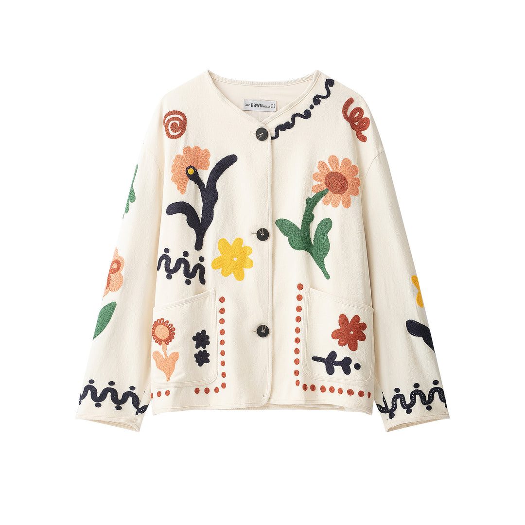 Damen Bestickte Oversize Baumwolljacke mit Blumendekor und Knopfleiste Shop Nory