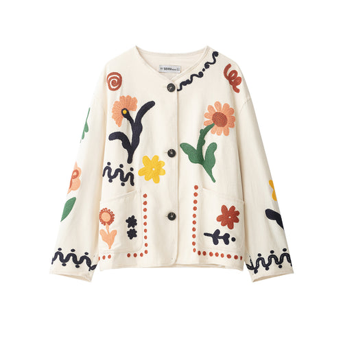 Damen Bestickte Oversize Baumwolljacke mit Blumendekor und Knopfleiste Shop Nory