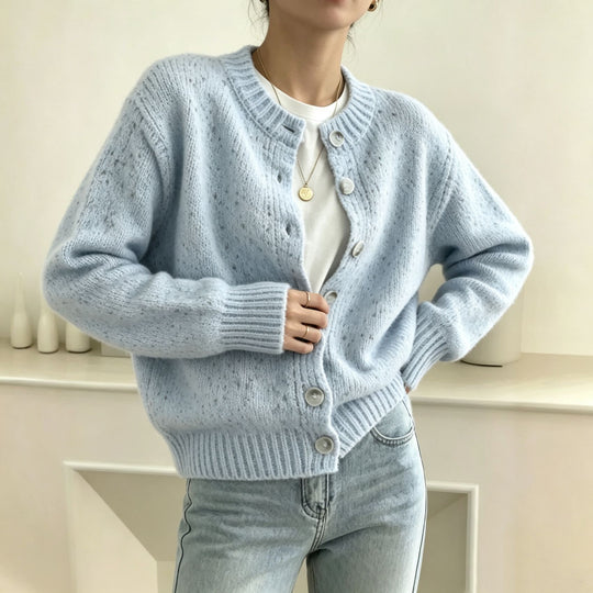 Damen Grobgestrickter Kurzcardigan mit Rundhalsausschnitt und meliertem Tweed-Effekt Shop Nory