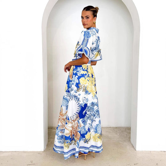 Damen Maxikleid mit floralem Knopfleisten-Design und tailliertem Gürtel