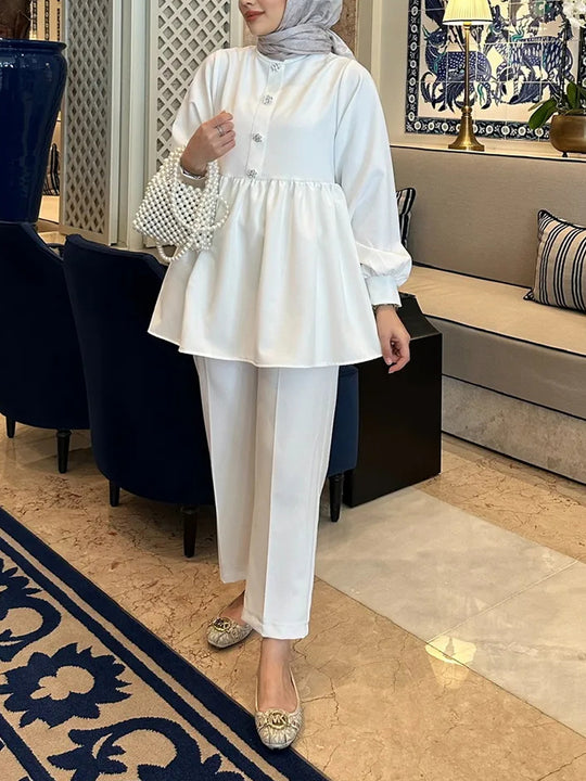 Damen Elegantes Tunika‑Hosen‑Set mit geraffter Empire‑Tunika und schlanker Anzughose Shop Nory