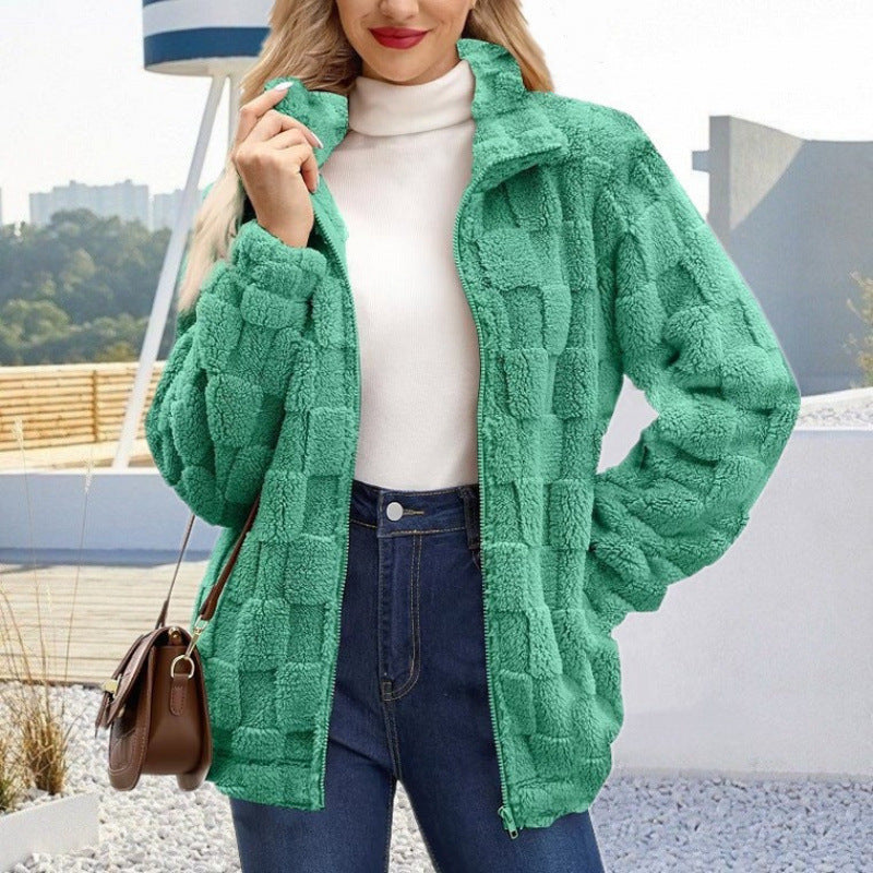 Damen Teddyjacke mit Karo-Struktur, Stehkragen und Reißverschluss Shop Nory