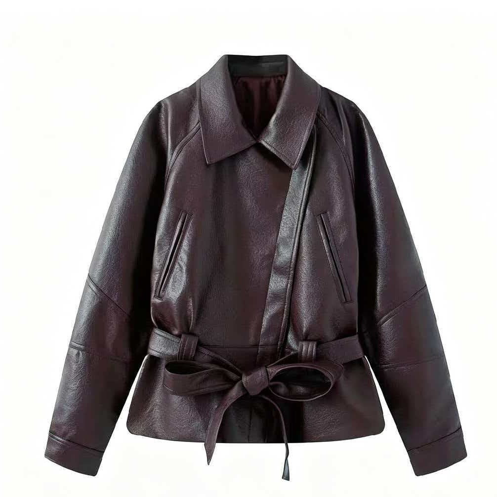 Damen Kurzjacke aus Kunstleder mit Taillengürtel und Hemdkragen Shop Nory