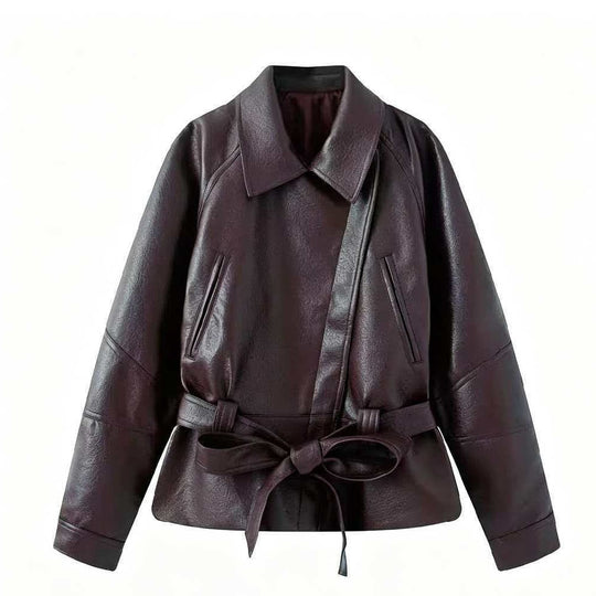 Damen Kurzjacke aus Kunstleder mit Taillengürtel und Hemdkragen Shop Nory