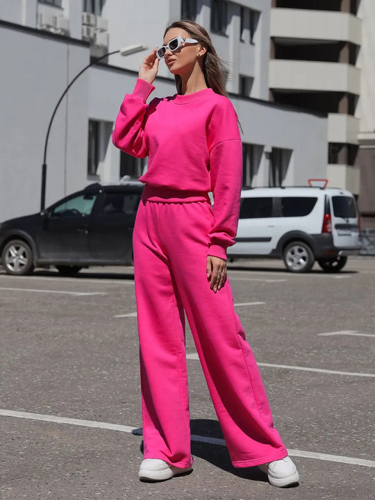 Damen Loungewear-Set mit weitem Crewneck-Sweater und High-Waist Palazzohose Shop Nory