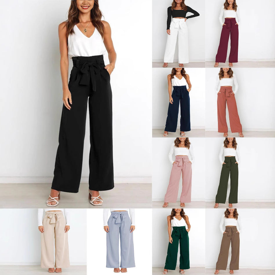 Damen Weit geschnittene High-Waist-Hose mit Binde-Gürtel und Taschen