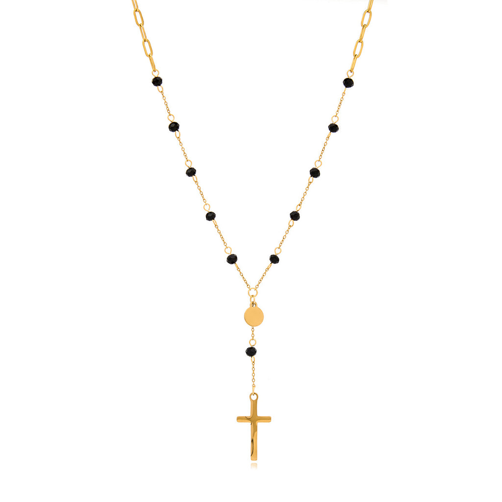 Damen Halskette mit filigranem Kreuzanhänger und schwarzen Edelsteinakzenten Shop Nory