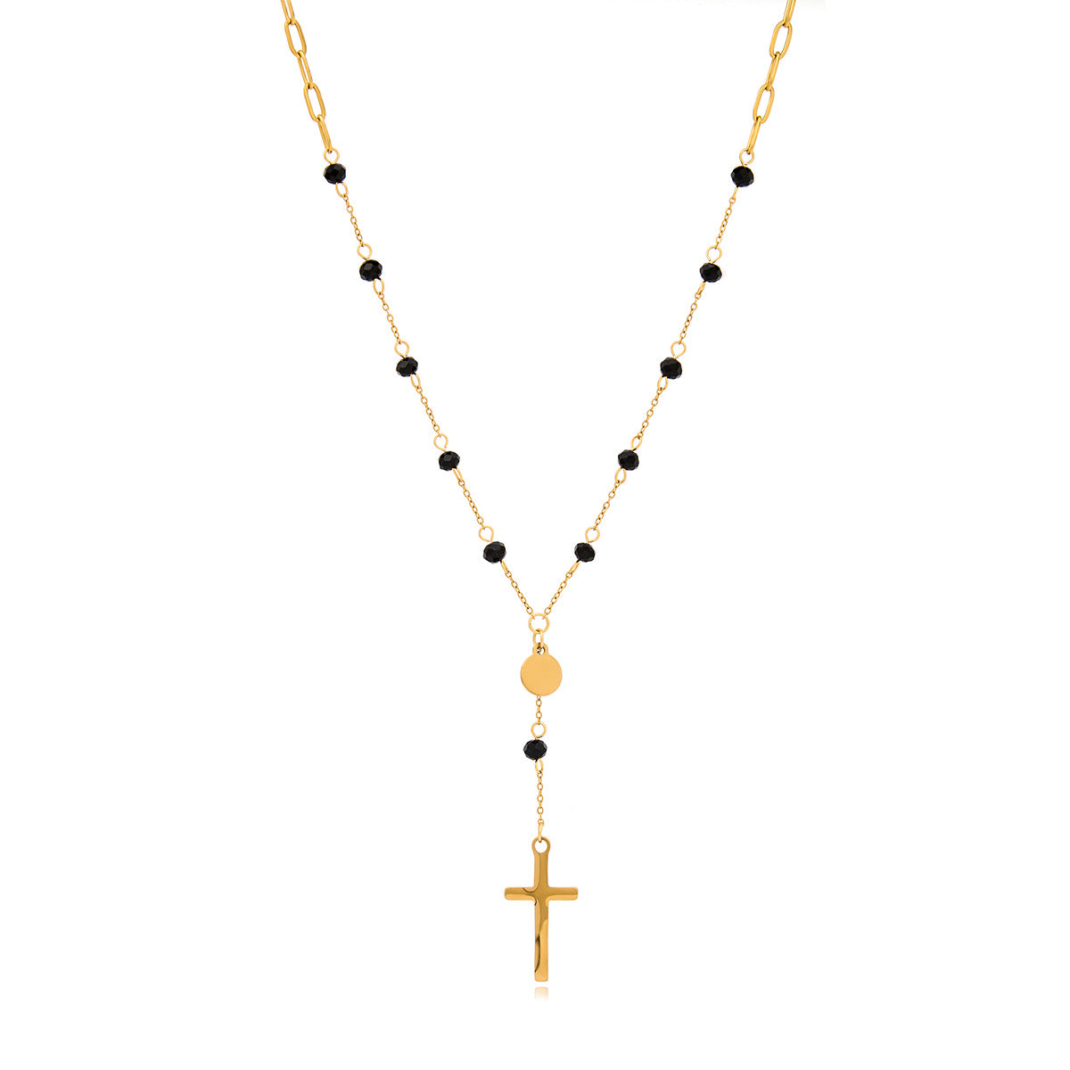 Damen Halskette mit filigranem Kreuzanhänger und schwarzen Edelsteinakzenten Shop Nory