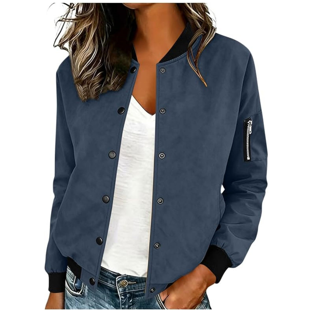 Damen Leichte Bomberjacke mit Druckknöpfen und Ärmeltasche Shop Nory