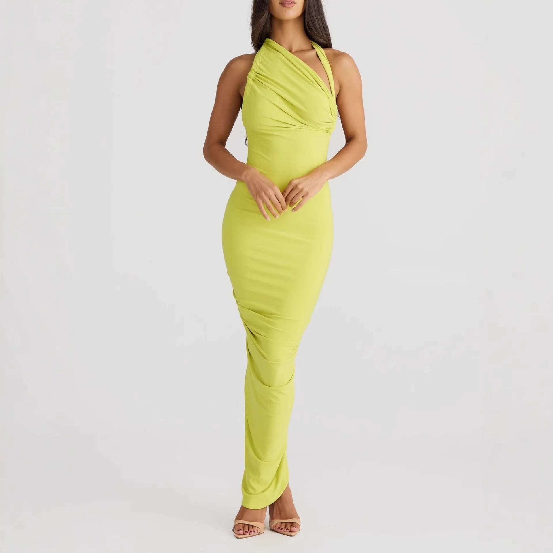 Damen Elegantes langes Wickelkleid mit schulterfreiem Design und gerafftem Oberteil