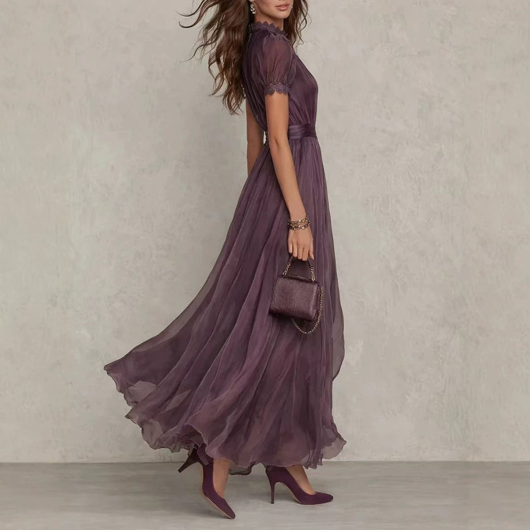 Damen nan langes Chiffon-Abendkleid mit Spitzen‑Stehkragen, Schlüsselöffnung und taillierter Schärpe