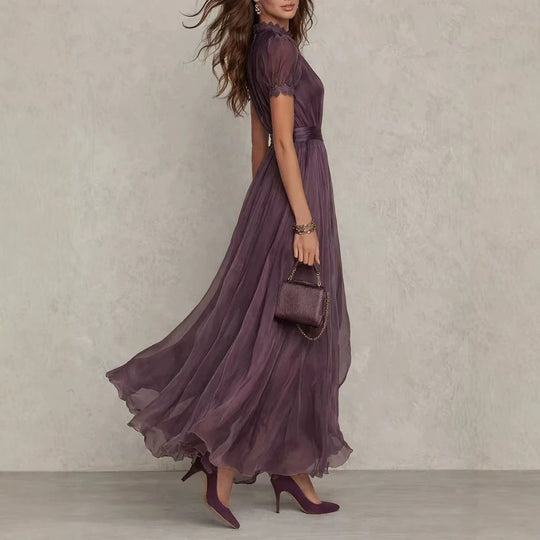 Damen nan langes Chiffon-Abendkleid mit Spitzen‑Stehkragen, Schlüsselöffnung und taillierter Schärpe