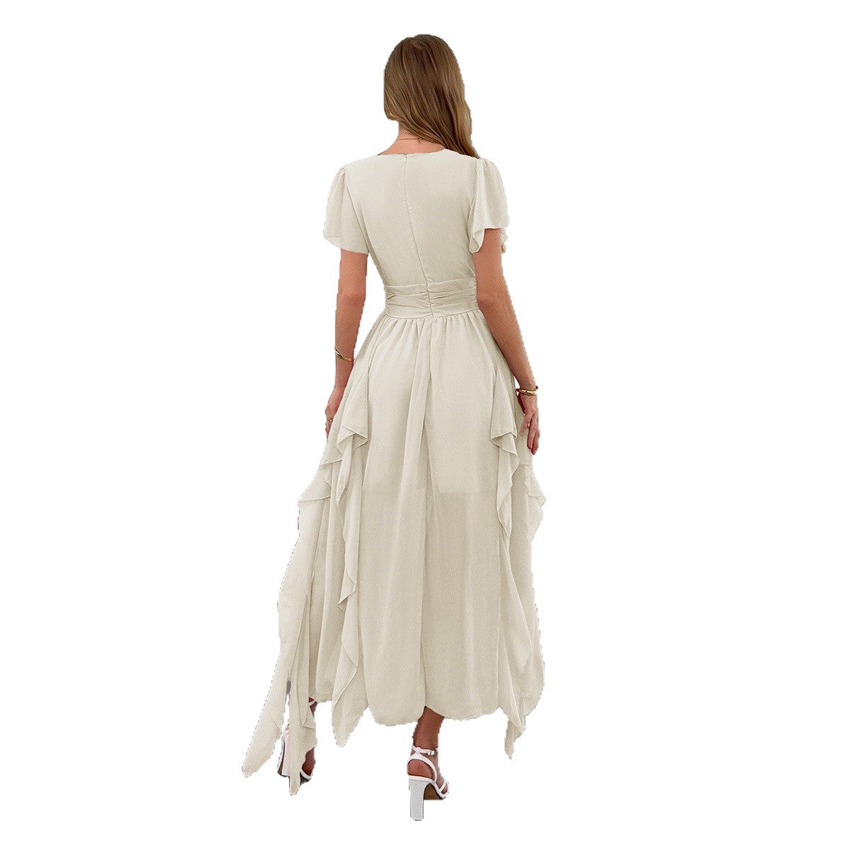 Damen Maxi-Kleid mit fließendem Rüschendesign und V-Ausschnitt