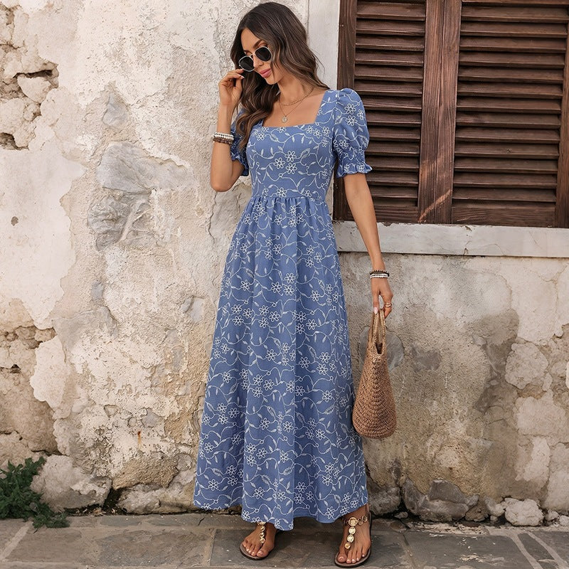 Damen Langes Leichtes Sommer-Maxikleid mit quadratischem Ausschnitt, Puffärmeln und floraler Stickoptik Shop Nory