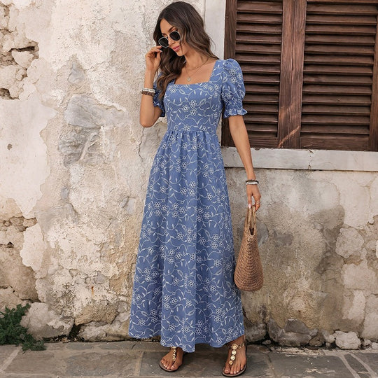 Damen Langes Leichtes Sommer-Maxikleid mit quadratischem Ausschnitt, Puffärmeln und floraler Stickoptik Shop Nory