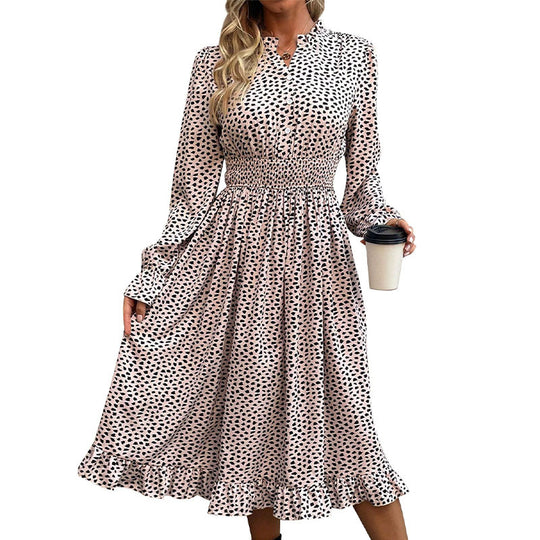 Damen Midikleid mit Smock-Taillenbund, Knopfleiste, Stehkragen und Volantrock Shop Nory