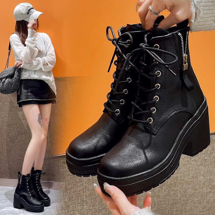 Damen Modische Plateau-Stiefel mit schnürbarer Konstruktion und robustem Profil Shopnory