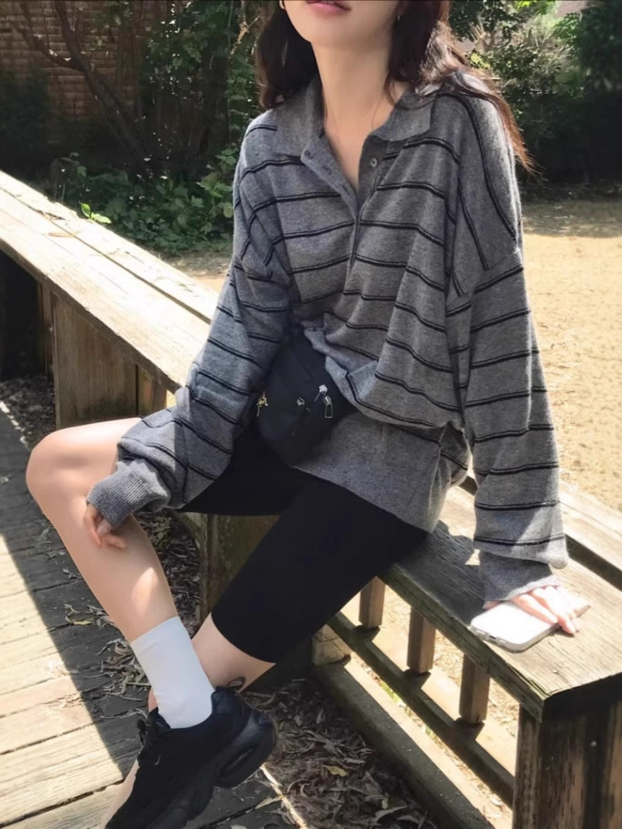 Damen Oversize-Polokragen-Strickpullover mit Streifen und halber Knopfleiste Shop Nory