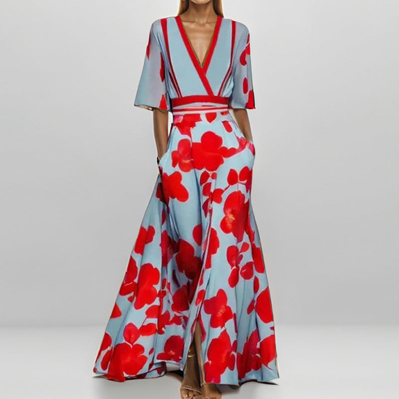 Damen Maxikleid mit Wickeloberteil, Taillengürtel und fließendem Satinrock Shop Nory
