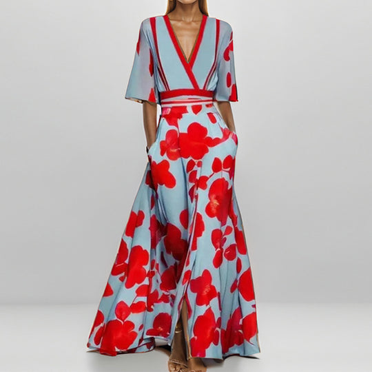 Damen Maxikleid mit Wickeloberteil, Taillengürtel und fließendem Satinrock Shop Nory