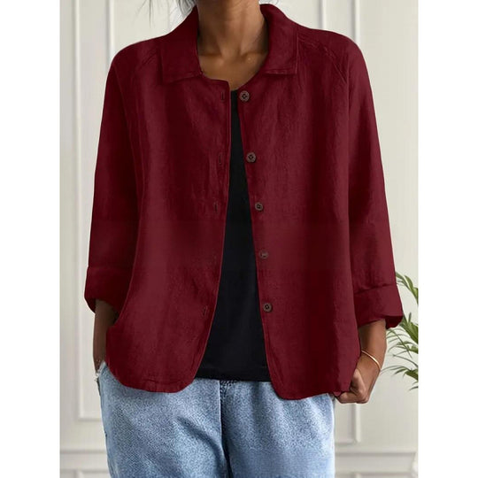 Damen Leichte Leinenoptik-Bluse mit lockerer Passform, 3/4-Ärmeln und Knopfleiste Shop Nory