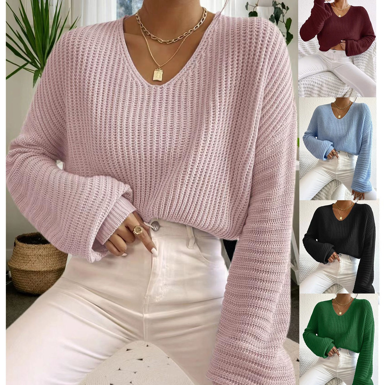 Damen V-Pullover mit weiten Ärmeln und strukturiertem Strickmuster
