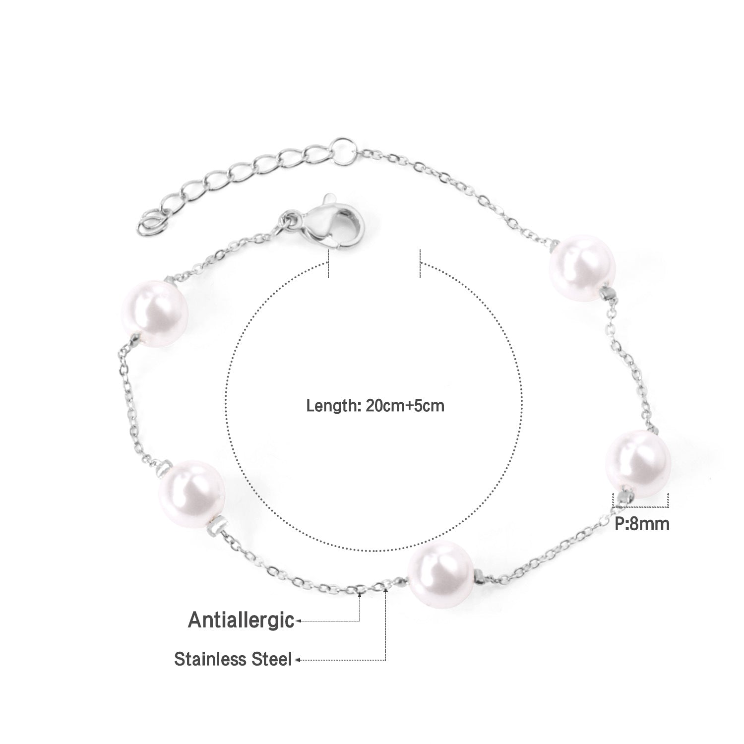 Damen Perlenarmband aus antiallergischem Edelstahl mit verstellbarem Verschluss Shop Nory
