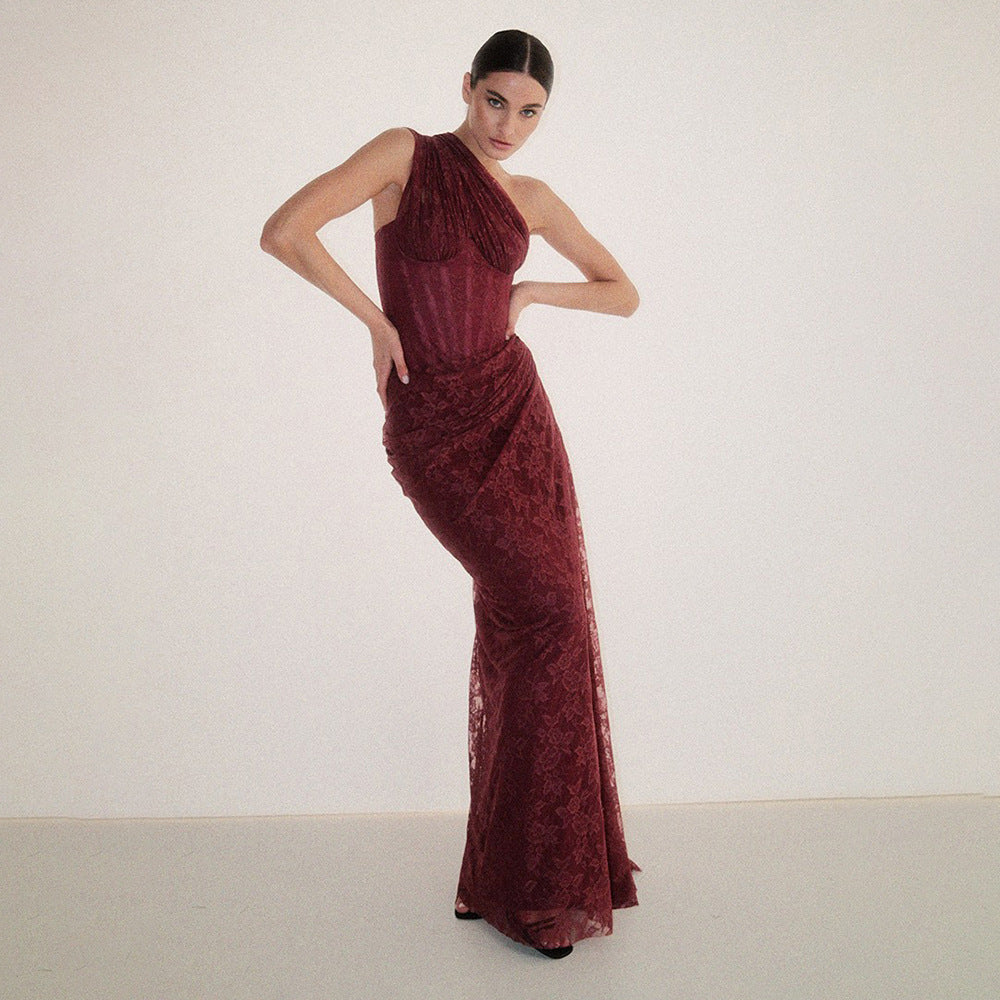 Damen elegantes Abendkleid mit asymmetrischem One-Shoulder-Design und floralem Spitzenbesatz